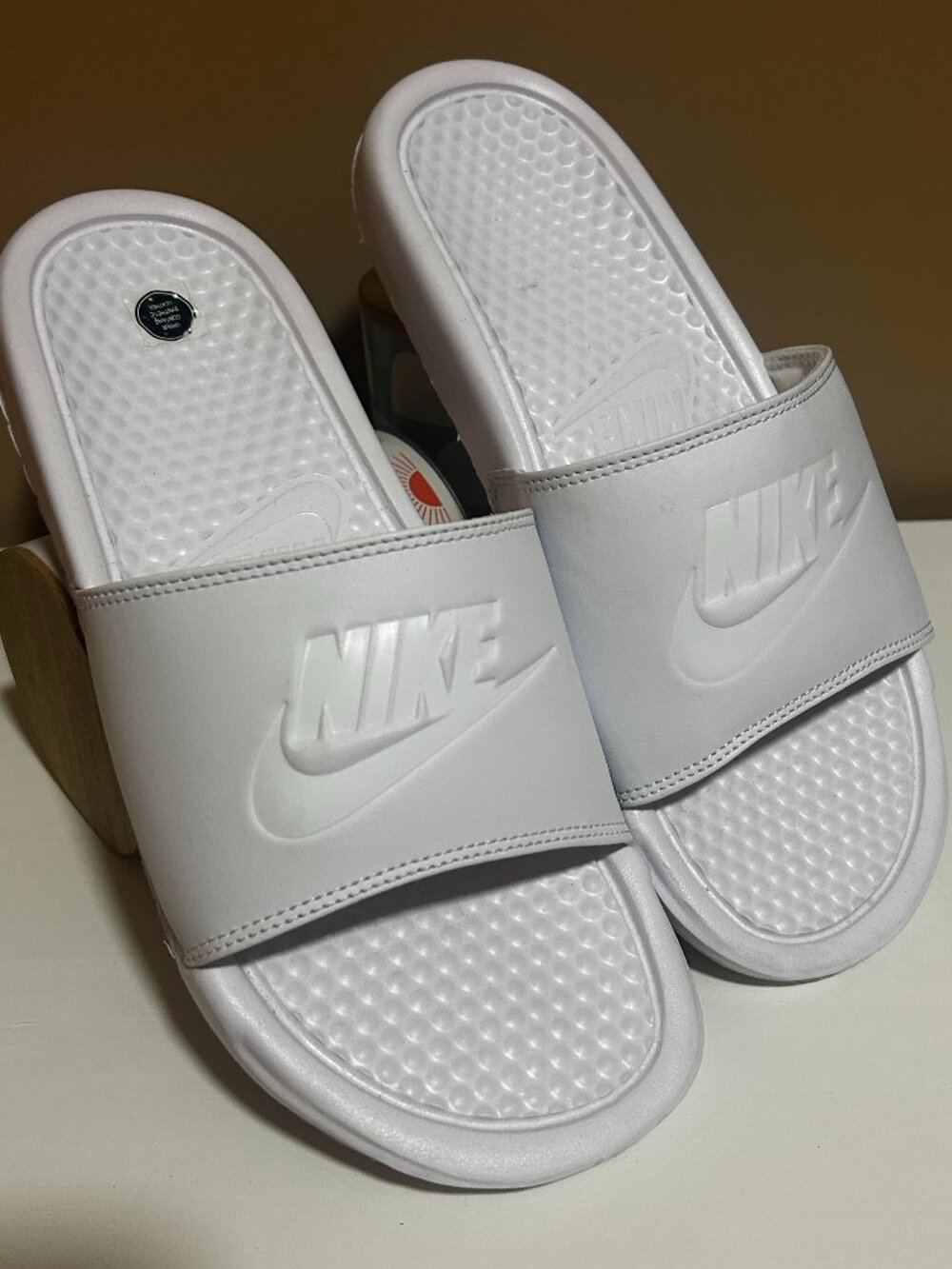 NIKE Benassi white slides Sz 9 M or 10.5 W, WORN ONCE unisex